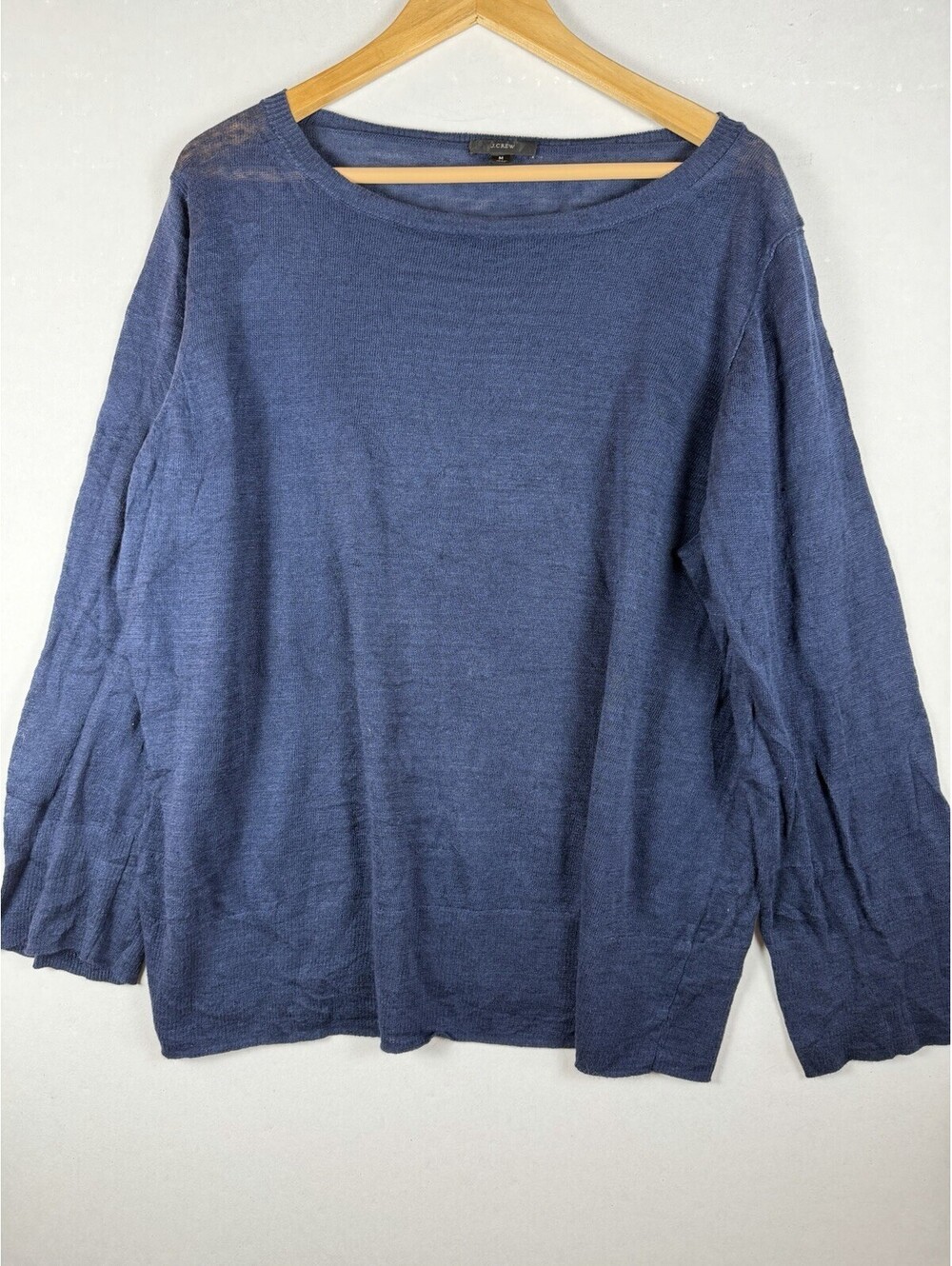 J.CREW Women's Blue Solid Knit Linen Scoop Neck Ruffle Pullover Sweater M